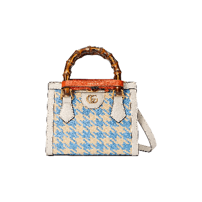 Pre-owned Gucci Diana Mini Houndstooth Raffia Effect Tote Bag 'blue'