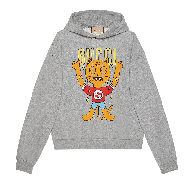 Pre-owned Gucci Cat Print Hooded Cotton Sweatshirt 'grey'