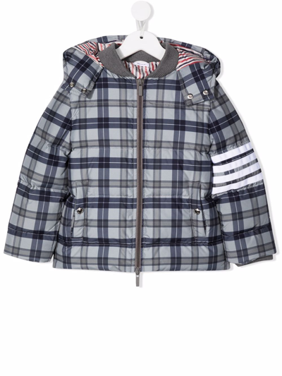 Thom Browne Kids' 4-bar Tartan-print Hooded Coat In Grey