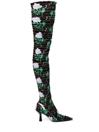 Amy Crookes Black Victorine 60 Printed Shirred Thigh-high Boots