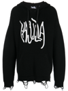 HACULLA LOGO-PRINT DISTRESSED KNITTED HOODIE