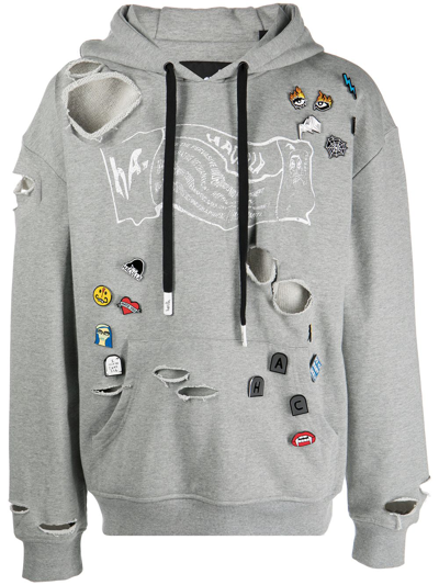 Haculla Pin-detail Distressed Hoodie In Grey