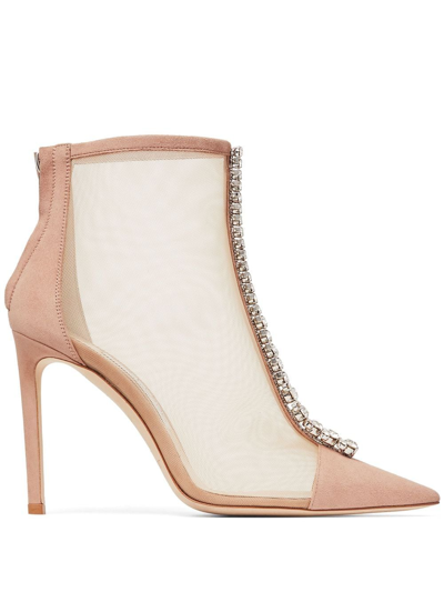 Jimmy Choo Bing 100 Crystal-embellished Suede And Mesh Heeled Boots In Nude