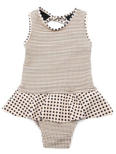 Amir Slama Kids' Spot-print Peplum Swimsuit In Neutrals