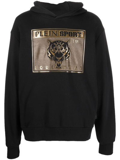 Plein Sport Tiger-head Logo-print Hoodie In Black