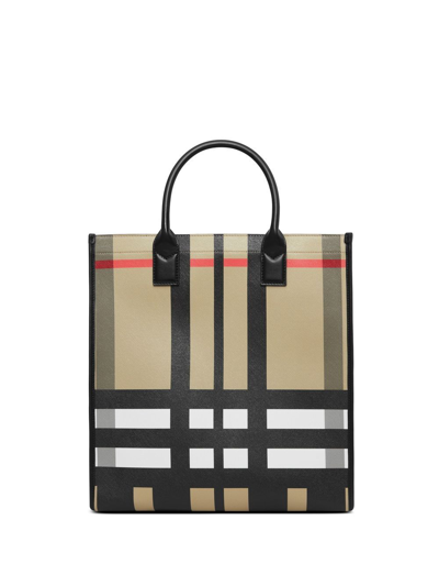 Burberry Exaggerated Check Leather-trim Tote Bag In Archive Beige