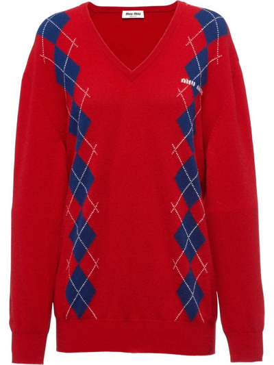 Miu Miu Oversized Argyle V-neck Wool Jumper In Red