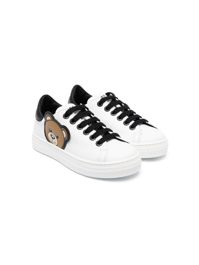 Moschino Kids' Teddy Bear Lace-up Leather Sneakers In White