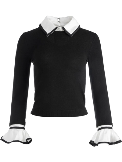 Alice And Olivia Justina Woven Combo Long-sleeve Pullover In Black Combo