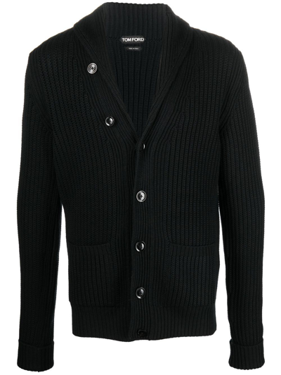 Tom Ford Shawl-collar Ribbed Silk And Wool-blend Cardigan In Black