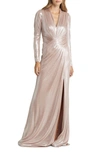 Tadashi Shoji Metallic Jersey V-neck Gown In Antique Pink