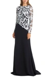 Tadashi Shoji Sequin Bodice Long Sleeve Gown In Whiteblack