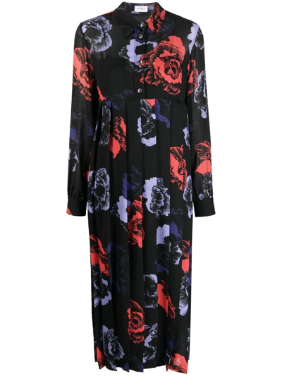 Ferragamo Floral Wool-blend Midi Dress In Black