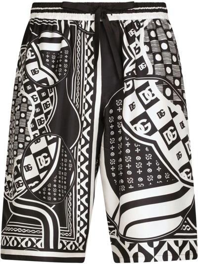 Dolce & Gabbana Motif-print Silk Bermuda Shorts In Schwarz