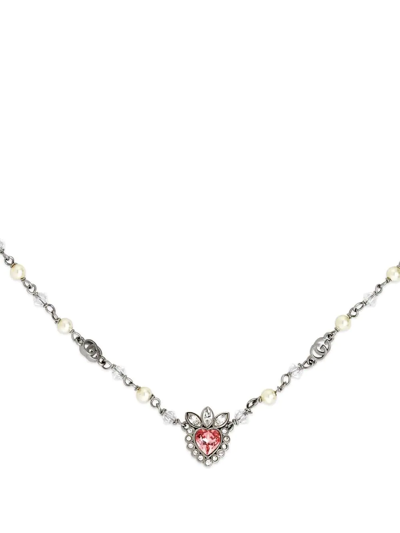 Gucci Crystal-embellished Logo-plaque Necklace In Silber