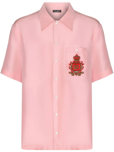Dolce & Gabbana Coral-print Silk Hawaiian Shirt With Patch In Pink