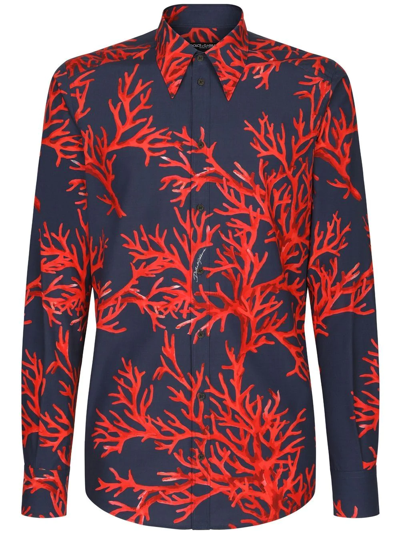 Dolce & Gabbana Coral-print Long-sleeved Shirt In Navy