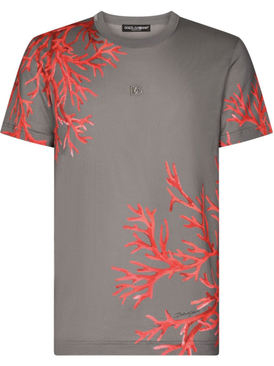 Dolce & Gabbana Coral-print Logo-patch T-shirt In Grau