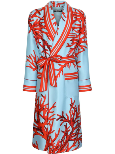 Dolce & Gabbana Silk Coral-print Robe In Blue