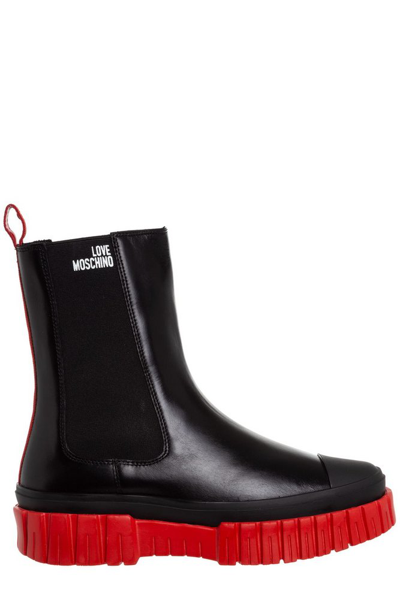 Love Moschino Side Stretch Logo Print Boots In Black