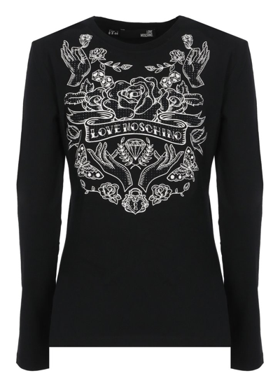 Love Moschino T-shirt With Rhinestones In Black