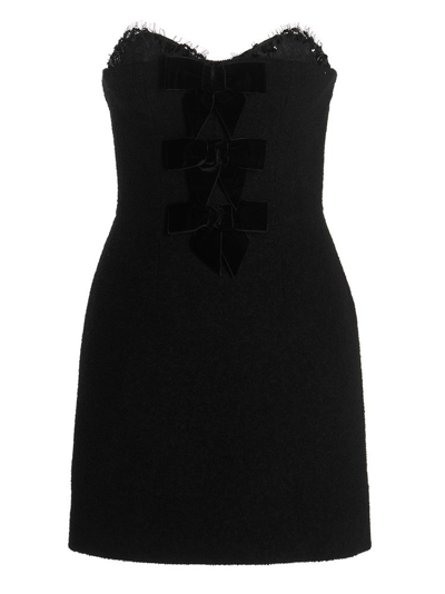 Alessandra Rich Black Embellished Strapless Bouclé Mini Dress