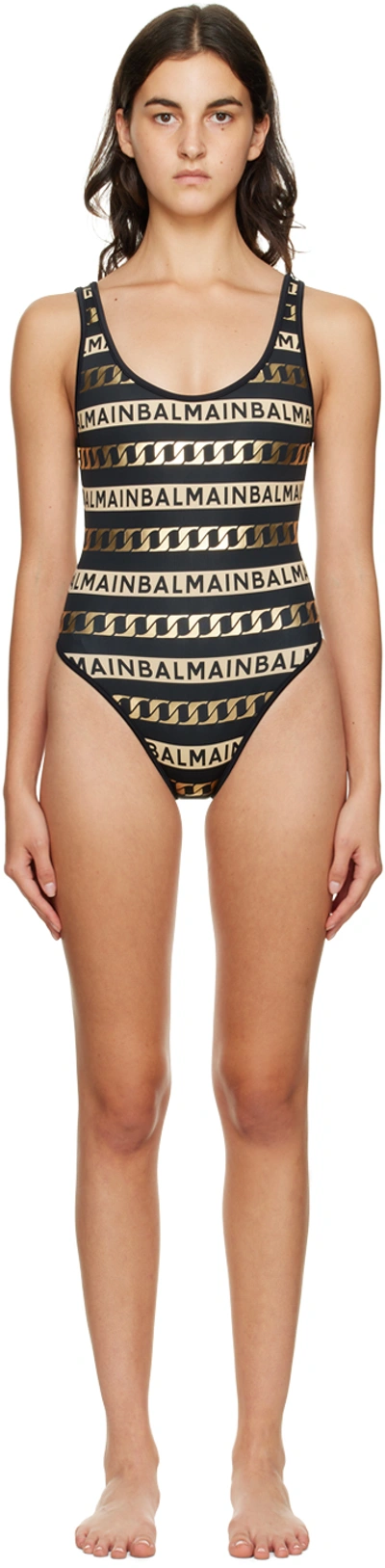 Balmain Black & Gold Olimpionic One-piece Swimsuit In 012 Black/gold