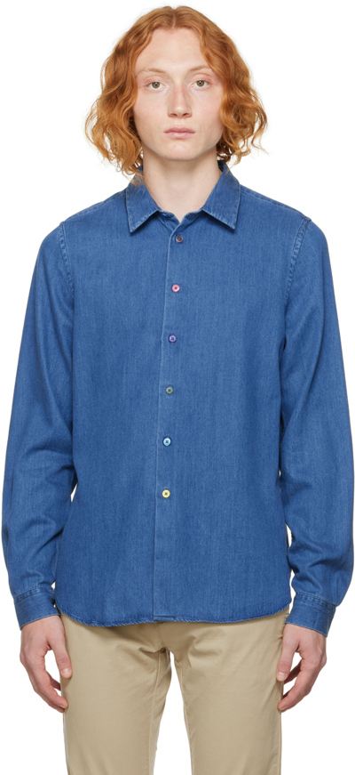 Ps By Paul Smith Long-sleeve Organic Denim Shirt In Cobalt Blue