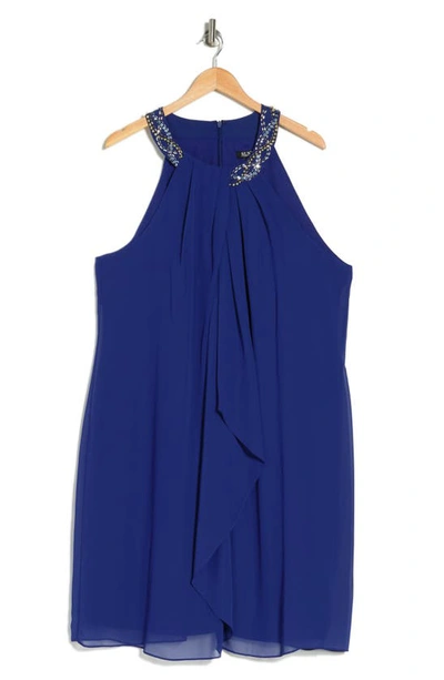 Slny Braid Beaded Neck Chiffon Cascade Ruffle Dress In Roy