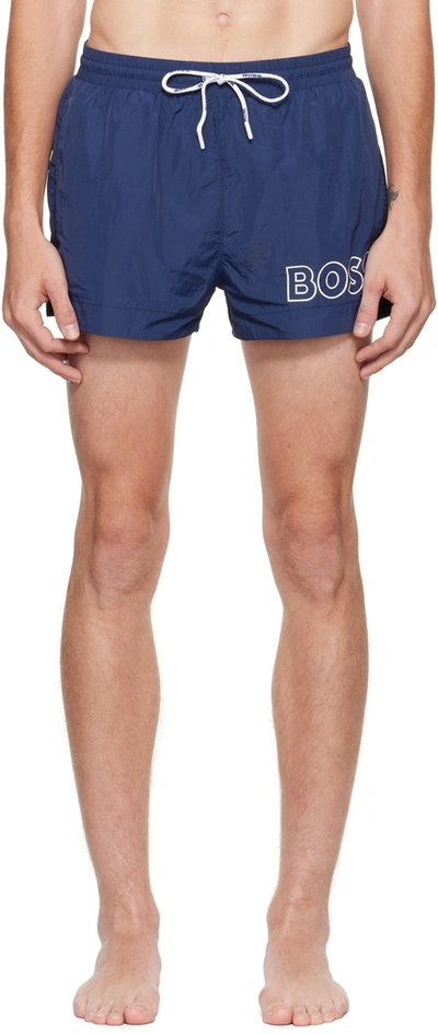 Hugo Boss Navy Crinkled Swim Shorts In 413 Navy