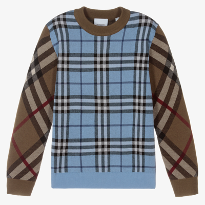 Burberry Kids' Contrast Check Wool Blend Knit Sweater In Brown,light Blue