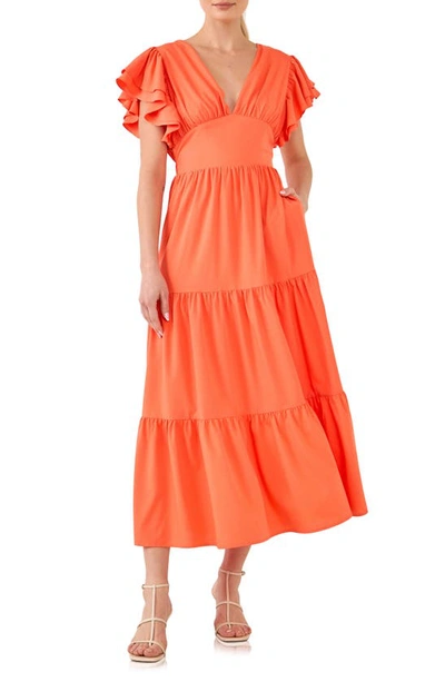 English Factory Flutter Sleeve Cutout Midi Dress In Orange