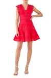 Endless Rose Plunge Neck Tiered Lace Linen & Cotton Dress In Red