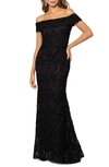 XSCAPE XSCAPE EVENINGS OFF THE SHOULDER SEQUIN LACE TRUMPET GOWN