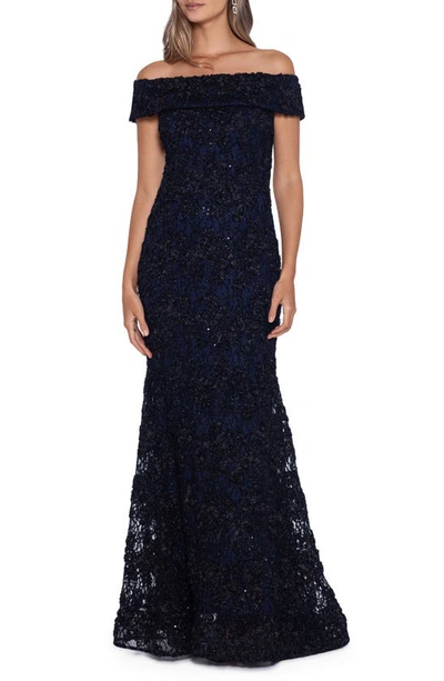 Xscape Off The Shoulder Sequin Lace Trumpet Gown In Black/ Navy