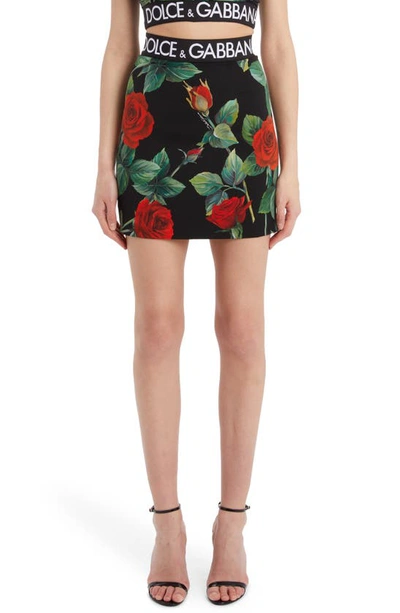Dolce & Gabbana Logo Band Rose-print Charmeuse Mini Skirt In Black