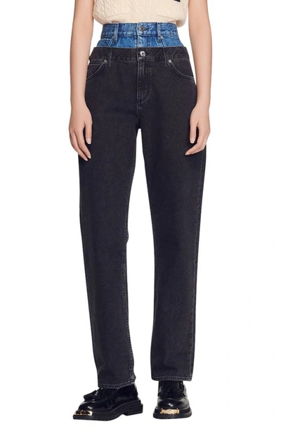 Sandro Kitty High-rise Layered Waist Straight-leg Jeans In Noir / Gris