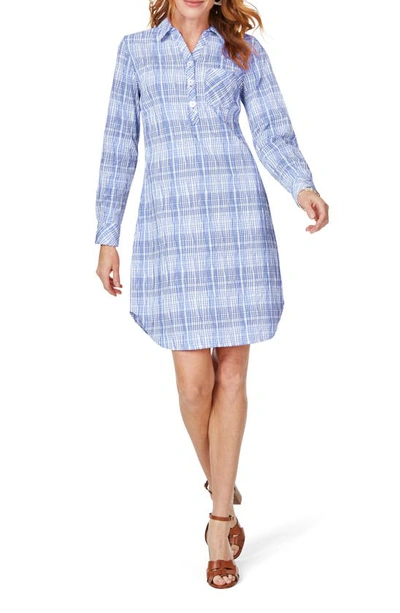 Foxcroft Delaney Plaid Long Sleeve Popover Shirtdress In Iris Bloom