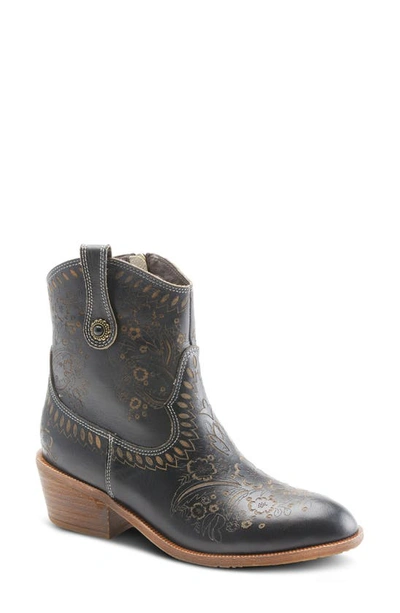 L'artiste Embossed Floral Leather Bootie In Black