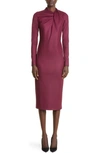 Adam Lippes Draped High-neck Midi Body-con Wool Dress In Merlot