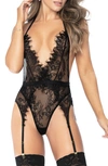 Mapalé Mapale Lace & Mesh Teddy With Garter Straps In Black
