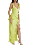 House Of Cb Pixie Ruffle Georgette Body-con Cocktail Dress In Lime