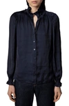 Zadig & Voltaire Tacca Satin Ruffle Button-up Blouse In Encre