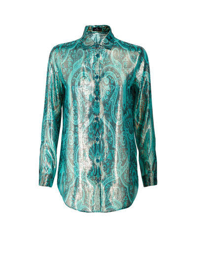 Etro Silk And Laminated Thread Paisley Shirt In Green