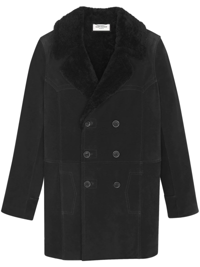 Saint Laurent Shearling-trim Double-breasted Coat In Black