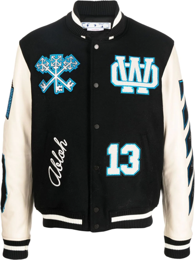 Off-white Leather And Wool-blend Varsity Jacket In Black