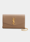 Saint Laurent Uptown Pebbled Calfskin Leather Wallet On A Chain In Taupe