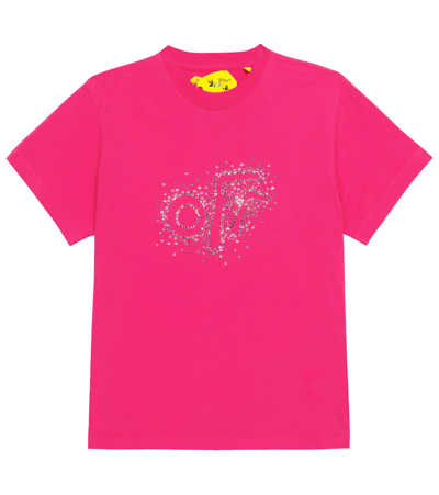 Off-white Kids' Embellished Logo Cotton T-shirt In Fuchsia Crystals
