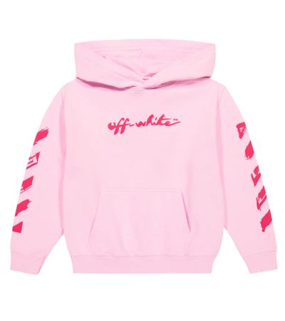 Off-white Kids' Printed Logo Cotton Hoodie In Pink Fuchisa
