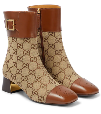Gucci Ellis Gg-logo Leather-trimmed Ankle Boots In Brown